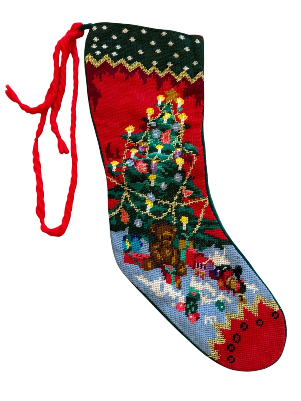 Christmas Tree Needlepoint Stocking Teddy Bear Toy Gold Green Velvet Holiday Art